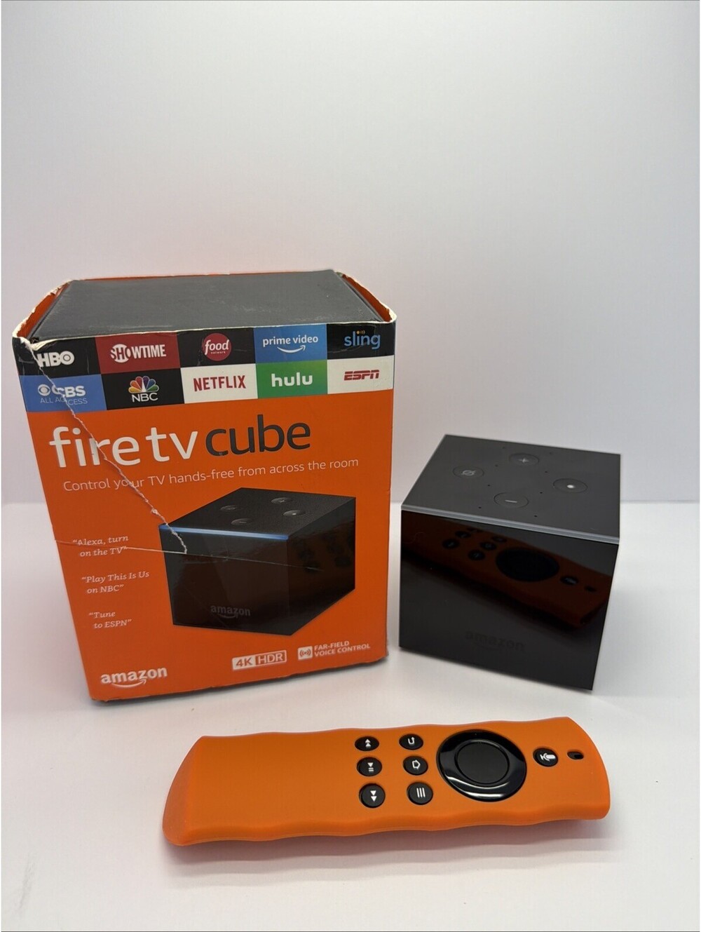 (K) Amazon Fire TV Cube 1st Gen EX69VW 4K Alexa w/ Remote Power Adapter Box